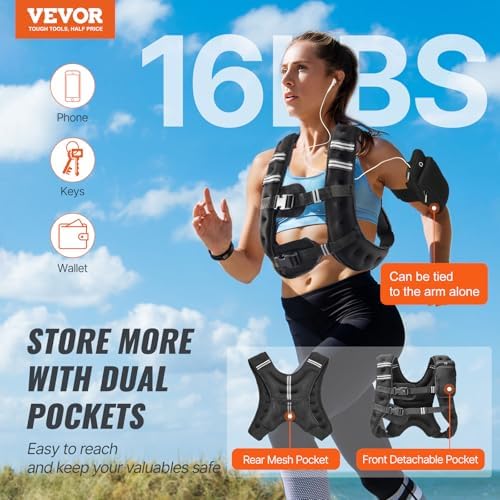 VEVOR Weighted Vest for Strength Training and Weight Loss, Reflective Stripe, Adjustable Buckle, 12/16/20/30 lbs