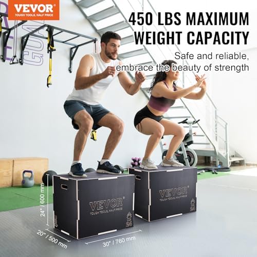 VEVOR 3 in 1 Plyometric Jump Box for Home Gym Training and Conditioning, Easy-to-Assemble Wood Plyo Box, Jumping Trainer