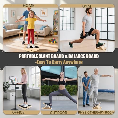 3-in-1 Slant Board & 180°/360° Balance Board, Portable 6 Angle Adjustable Calf Stretcher, Anti-Slip 300LBS Wobble Board