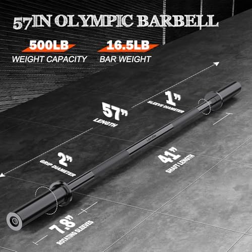 Olympic Barbell 57" for Weight Lifting Home Gym Bench Press Squats Home Workout 2 Spring Collars 500lb Capacity