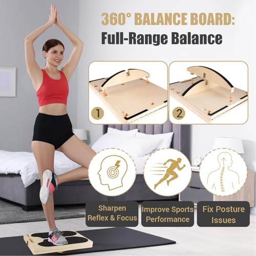 3-in-1 Slant Board & 180°/360° Balance Board, Portable 6 Angle Adjustable Calf Stretcher, Anti-Slip 300LBS Wobble Board