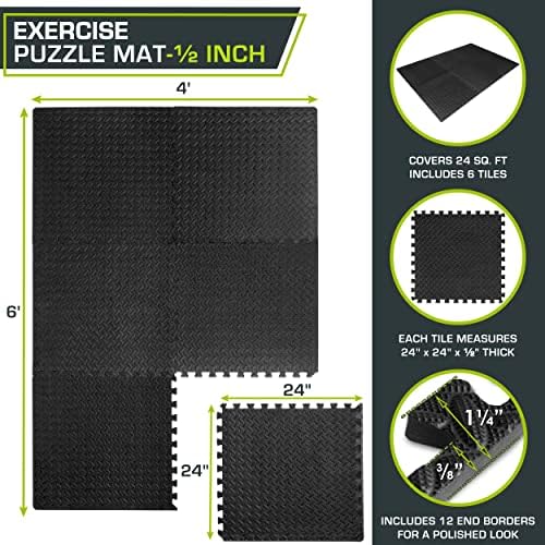 ProsourceFit Puzzle Exercise Mat for Home Gym, Mat for Home Workout Equipment, Floor Padding for Kids, Black, 24 in x 24