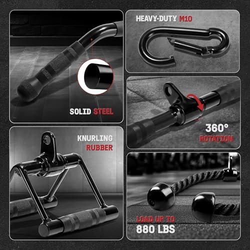 Yes4All Cable Machine Attachment Row Handles Tricep Rope Straight Bar V Bar LAT Pulldown Accessories 880 LB Load for Ho