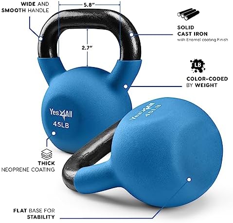 Yes4All Kettlebell - 35 LB Neoprene Coated Cast Iron Kettlebell for Home Gym, Wide Grip Handle & Flat Bottom for Swings