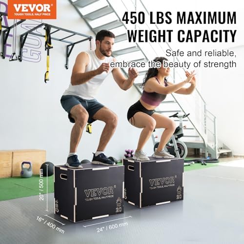VEVOR 3 in 1 Plyometric Jump Box for Home Gym Training and Conditioning, Easy-to-Assemble Wood Plyo Box, Jumping Trainer