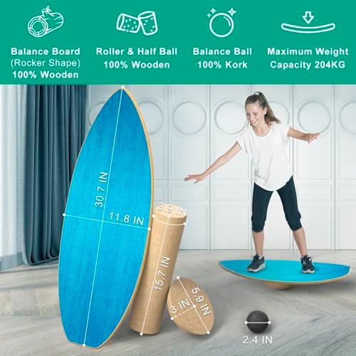 Wooden Balance Boards for Adults - Surface Anti-Slip Treatment with Roller and Half Ball | Adult Balance Trainer - Wood