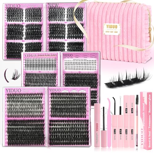 40D/60D Volume C/D Curl Lash Clusters Kit for Eyelash Extensions, Portable Makeup Bag with Lash Bond and Seal, 10-18mm