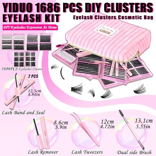 40D/60D Volume C/D Curl Lash Clusters Kit for Eyelash Extensions, Portable Makeup Bag with Lash Bond and Seal, 10-18mm
