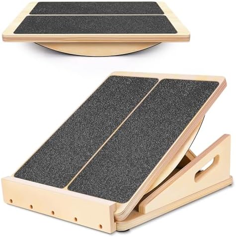 2-in-1 Professional Wooden Balance Board & Slant Board, Adjustable Incline Board and Calf Stretcher, Stretch Board for A