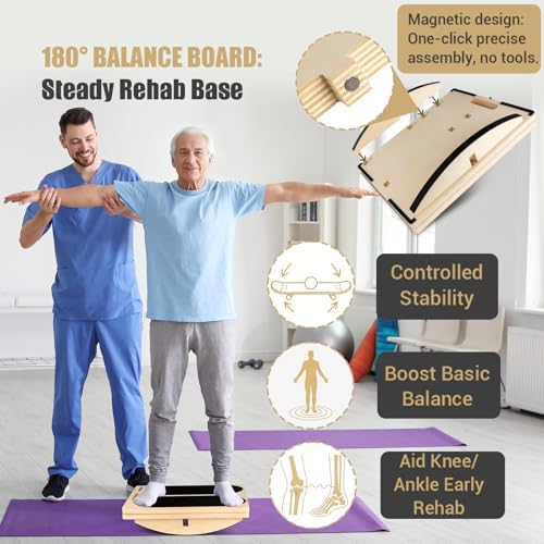 3-in-1 Slant Board & 180°/360° Balance Board, Portable 6 Angle Adjustable Calf Stretcher, Anti-Slip 300LBS Wobble Board