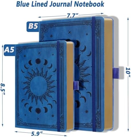 Classic Lined Writing Daily Journal for Men & Women - 360 Pages Hardcover Notebook with Vintage Sun & Moon Design, Blue