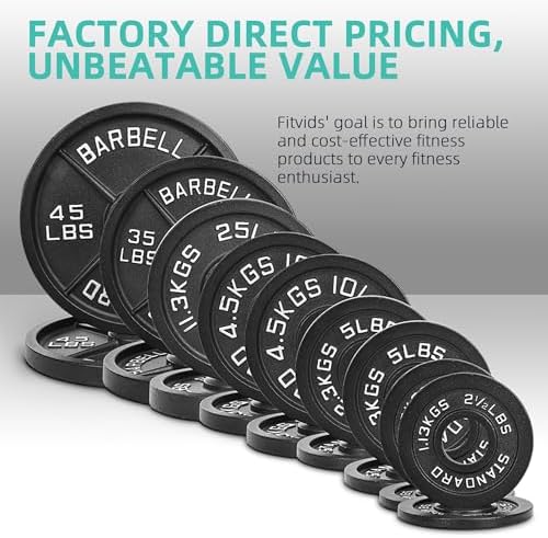 Fitvids Olympic Cast Iron Weight Plates 255 Pounds Set for Strength Training & Weightlifting, 2-Inch Spindle, Multiple P