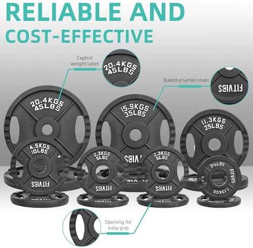 Fitvids Olympic Cast Iron Weight Plates for Strength Training & Weightlifting Home Gym | Fitvids 255 Pounds Olympic Cas