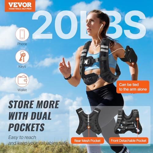 VEVOR Weighted Vest for Strength Training and Weight Loss, Reflective Stripe, Adjustable Buckle, 12/16/20/30 lbs