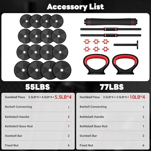 Adjustable Dumbbells 55/77LBS Home Gym Fit for Men Women Fitness Exercise Adjustable Dumbbells 4 in 1 Set Barbell Kett