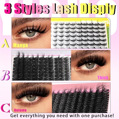40D/60D Volume C/D Curl Lash Clusters Kit for Eyelash Extensions, Portable Makeup Bag with Lash Bond and Seal, 10-18mm