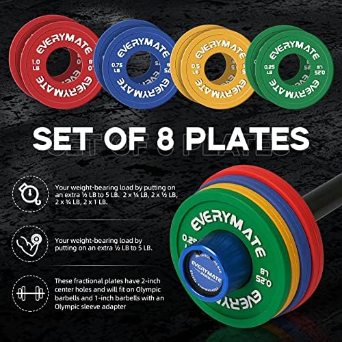 EVERYMATE Rubber Fractional Weight Plates Set of 8 Micro Weight Plate Pair of 0.25LB 0.5LB 0.75LB 1 LB for Olympic Barbe