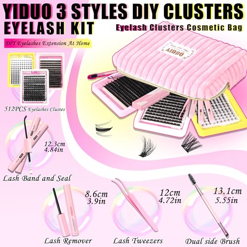 40D/60D Volume C/D Curl Lash Clusters Kit for Eyelash Extensions, Portable Makeup Bag with Lash Bond and Seal, 10-18mm