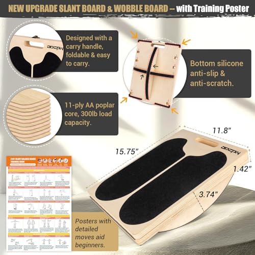 3-in-1 Slant Board & 180°/360° Balance Board, Portable 6 Angle Adjustable Calf Stretcher, Anti-Slip 300LBS Wobble Board