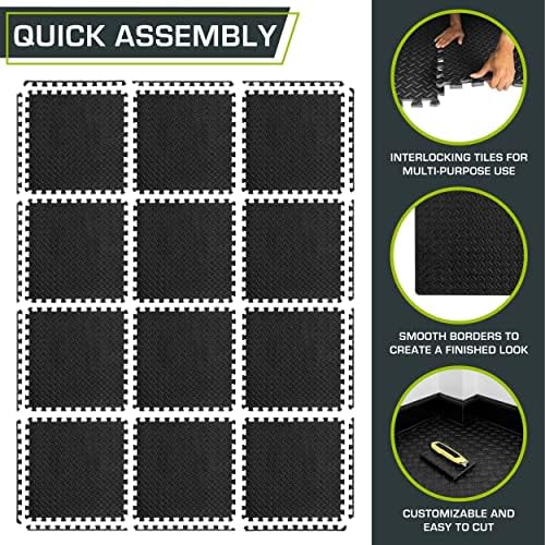 ProsourceFit Puzzle Exercise Mat for Home Gym, Mat for Home Workout Equipment, Floor Padding for Kids, Black, 24 in x 24