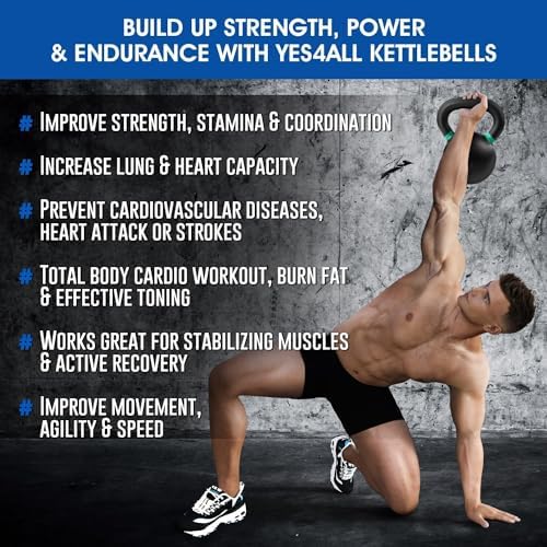 Yes4All Powder Coated 9lb-71lb Cast Iron Core Kettlebells for Heavy Duty Strength Training | Yes4All Powder Coated Kett