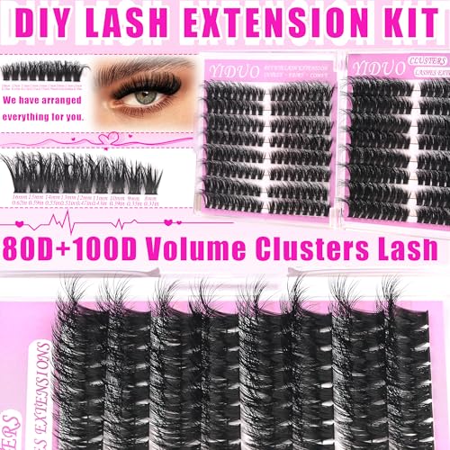 40D/60D Volume C/D Curl Lash Clusters Kit for Eyelash Extensions, Portable Makeup Bag with Lash Bond and Seal, 10-18mm
