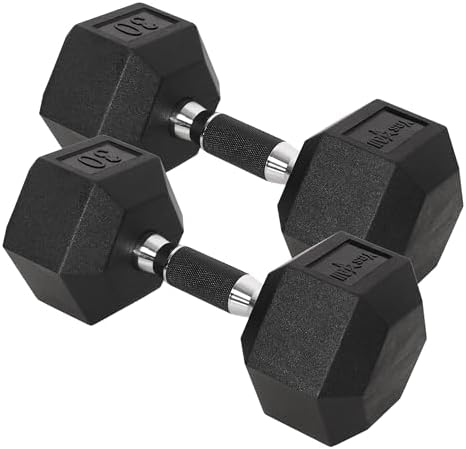 Yes4All Chrome/Rubber Grip Encased Hex Dumbbells - 10-30 LBS Pair - Fitness Equipment for Home Gym - Anti-Slip Hand Weig