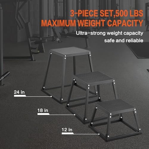 Plyometric Jump Box 3 Pcs Set, 12/18/24 Inch Fitness Exercise Platform, Home Gym Agility Training, Steel Anti-Slip Step