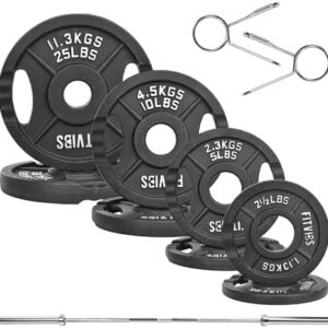 Olympic Cast Iron Weight Plates and Barbell Set for Home Gym Fitness Lovers - 100 Pounds Total Kit (85 lbs Plates + 15