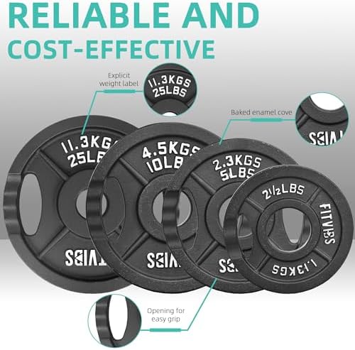 Fitvids Olympic Cast Iron Weight Plates 2-Inch Stackable Including 5FT Olympic Barbell, 100 Pounds Set (85 Lbs Plates +