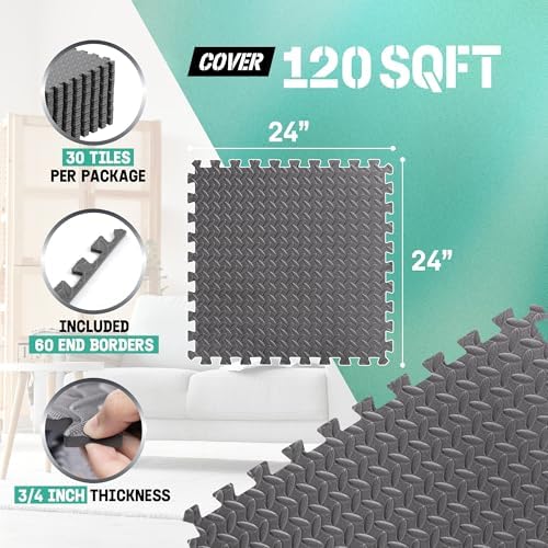 Yes4All 24SQFT-120SQFT Exercise Mat for Home Gym Users, Durable EVA Interlocking Foam Tiles with Border Design for Fitne