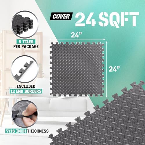 Yes4All 24SQFT-120SQFT Exercise Mat for Home Gym Users, Durable EVA Interlocking Foam Tiles with Border Design for Fitne