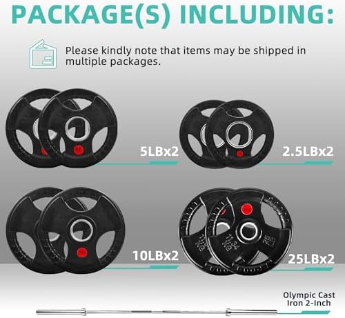 Fitvids Olympic Cast Iron Weight Plates 2-Inch Stackable Including 5FT Olympic Barbell, 100 Pounds Set (85 Lbs Plates +