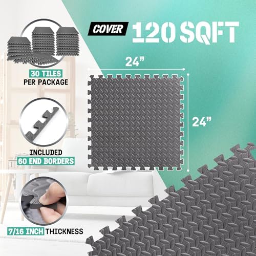 Yes4All 24SQFT-120SQFT Exercise Mat for Home Gym Users, Durable EVA Interlocking Foam Tiles with Border Design for Fitne