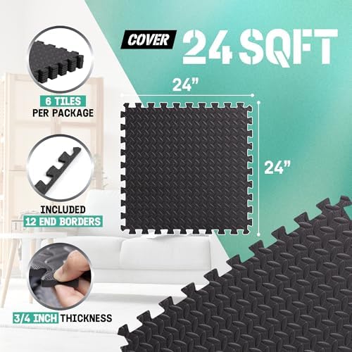 Yes4All 24SQFT-120SQFT Exercise Mat for Home Gym Users, Durable EVA Interlocking Foam Tiles with Border Design for Fitne
