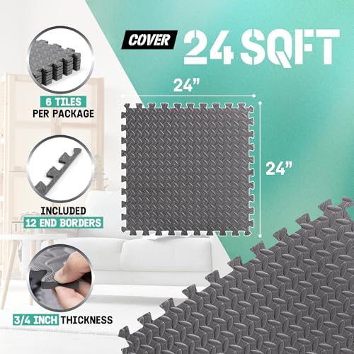 Yes4All 24SQFT-120SQFT Exercise Mat for Home Gym Users, Durable EVA Interlocking Foam Tiles with Border Design for Fitne