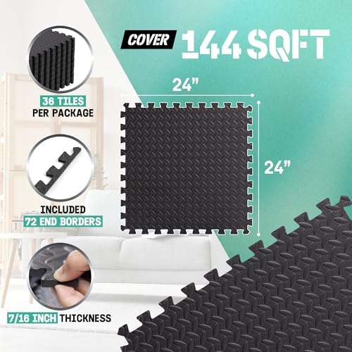Yes4All 24SQFT-120SQFT Exercise Mat for Home Gym Users, Durable EVA Interlocking Foam Tiles with Border Design for Fitne