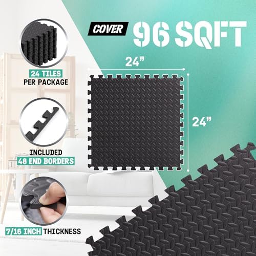 Yes4All 24SQFT-120SQFT Exercise Mat for Home Gym Users, Durable EVA Interlocking Foam Tiles with Border Design for Fitne