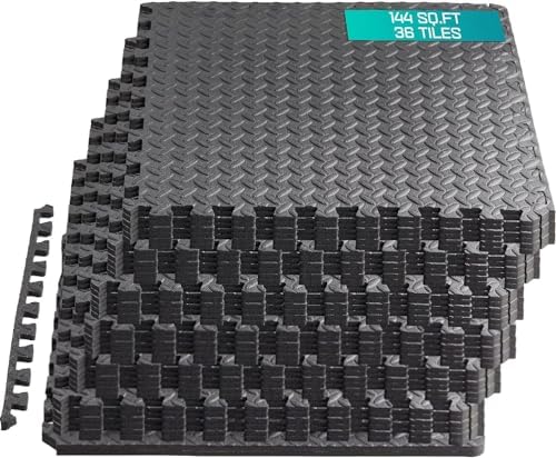 Yes4All 24SQFT-120SQFT Exercise Mat for Home Gym Users, Durable EVA Interlocking Foam Tiles with Border Design for Fitne