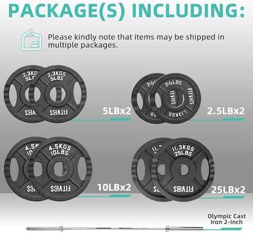 Fitvids Olympic Cast Iron Weight Plates 2-Inch Stackable Including 5FT Olympic Barbell, 100 Pounds Set (85 Lbs Plates +